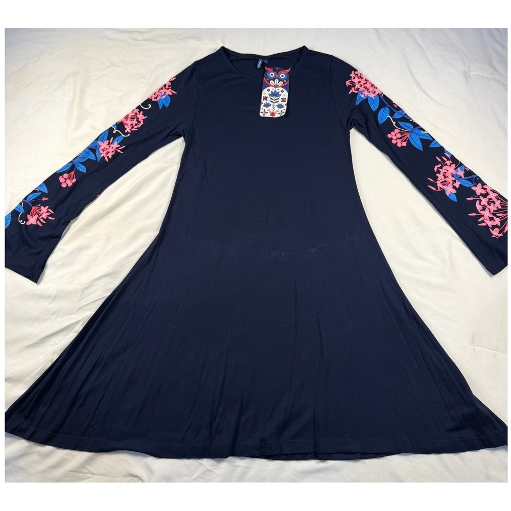 NWT Chumbak Navy Blue Long Sleeve Dress Floral Print Owl Boho‎ WhimsIcal Medium